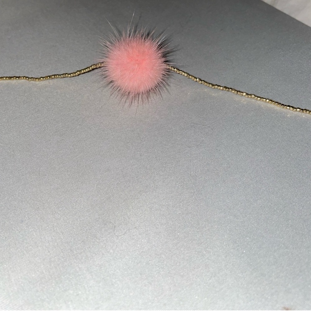 Incredibly Sweet Pink Pom Pom Gold Necklace 15 inch~used but perfect condition